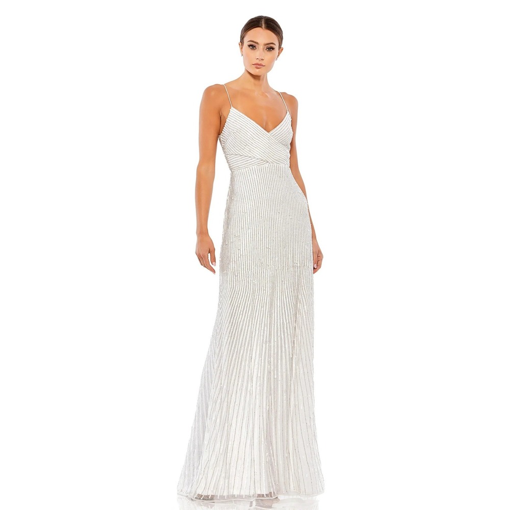 Mac Duggal 10817 Pearl Sequin V-Neck Spaghetti Strap Formal Gown Dress NWT 10